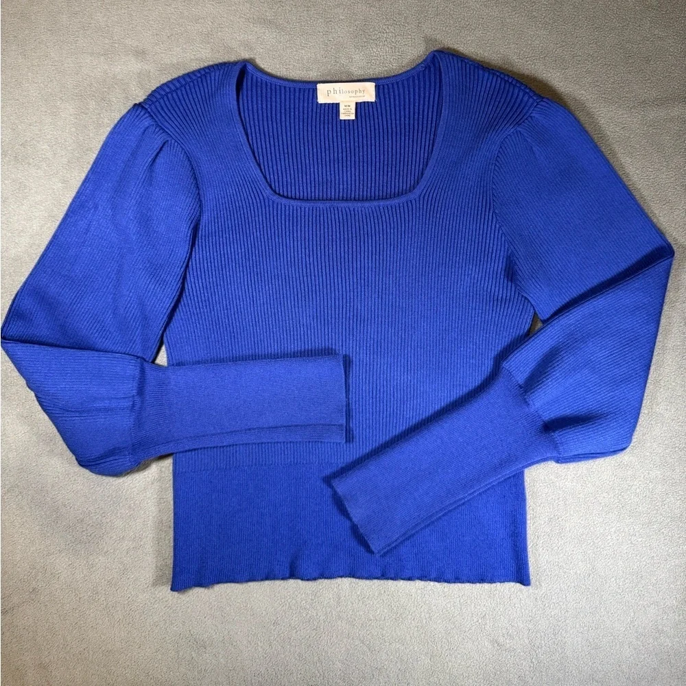 Philosophy Ribbed Royal Blue Sweater Shirt with Puffy Sleeves - Picture 1 of 12